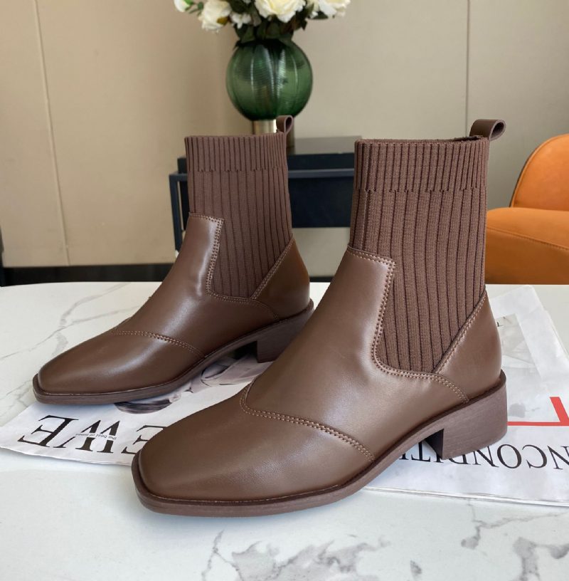 Dzianinowe Elastyczne Skarpetki Buty Damskie 2024 Nowe Skarpety Gruby Obcas Martin Krótkie