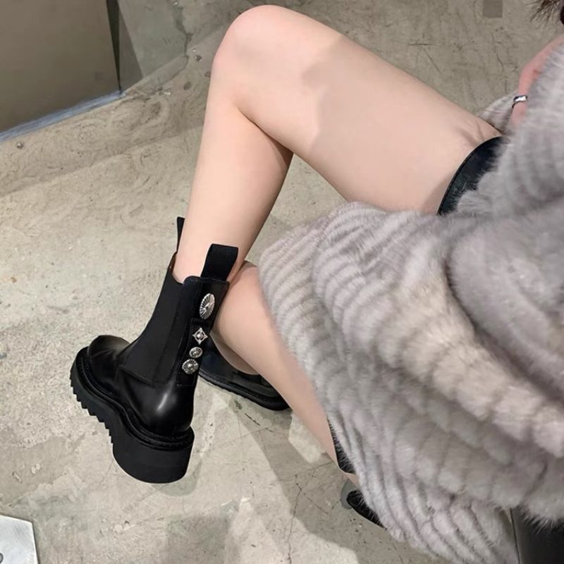 Jesienne Nowe Buty Kominiarskie Z Okrągłym Noskiem Damskie Chelsea Z Grubą Podeszwą Środkowe Klamry