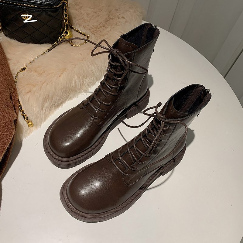 Nowe Jesienne I Zimowe Buty Damskie Plus Aksamitne Kozaki Martin Modne Fajne Retro Brązowe Krótkie Na Grubej Podeszwie