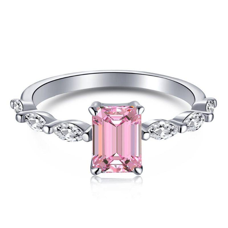 S925 Sterling Srebrny Pierścionek Kobieta Kropla Wody Moda Rząd Diamentów Śliczne Brzoskwiniowe Serce Temperament Kwadratowy Diament Różowy Z Brylantem O Wysokiej Zawartości Węgla