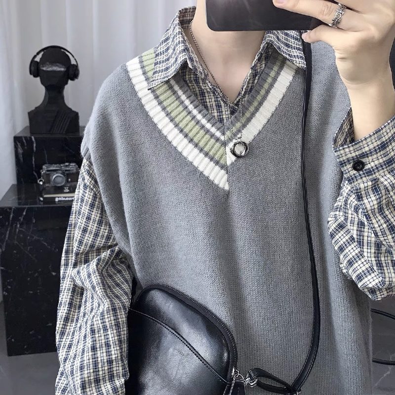 2024 Sweter Z Dekoltem W Serek Męski W Stylu Retro Z Luźną Kamizelką