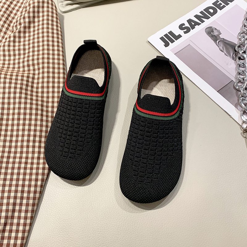 Duża Głowa Latające Tkane Płaskie Buty Na Co Dzień Damskie 2024 Wiosenne I Jesienne Nowe Retro Płytkie Usta Miękkie Dno Dzianinowe Groszkowe