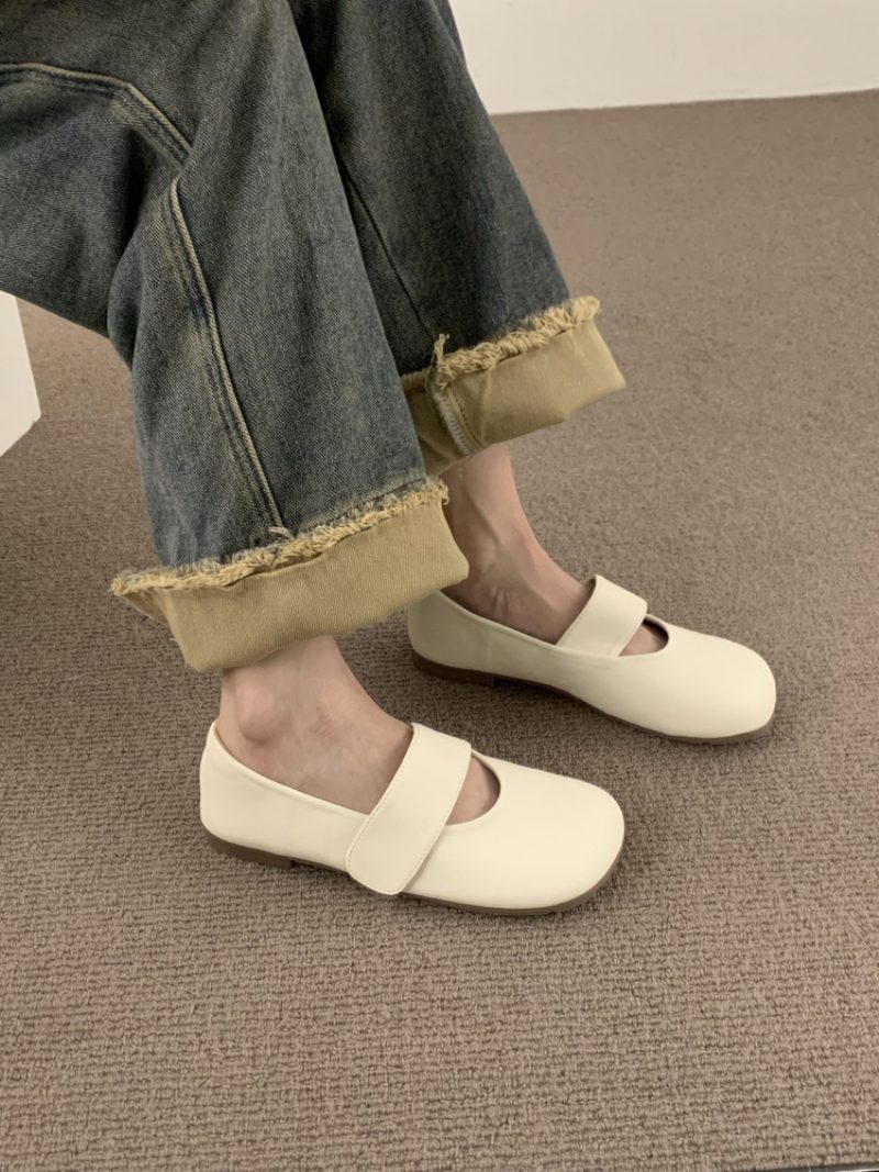 Płaskie Buty Retro Z Kwadratowym Noskiem Damskie Zapinane Na Rzep Nowe Miękkie Doudou
