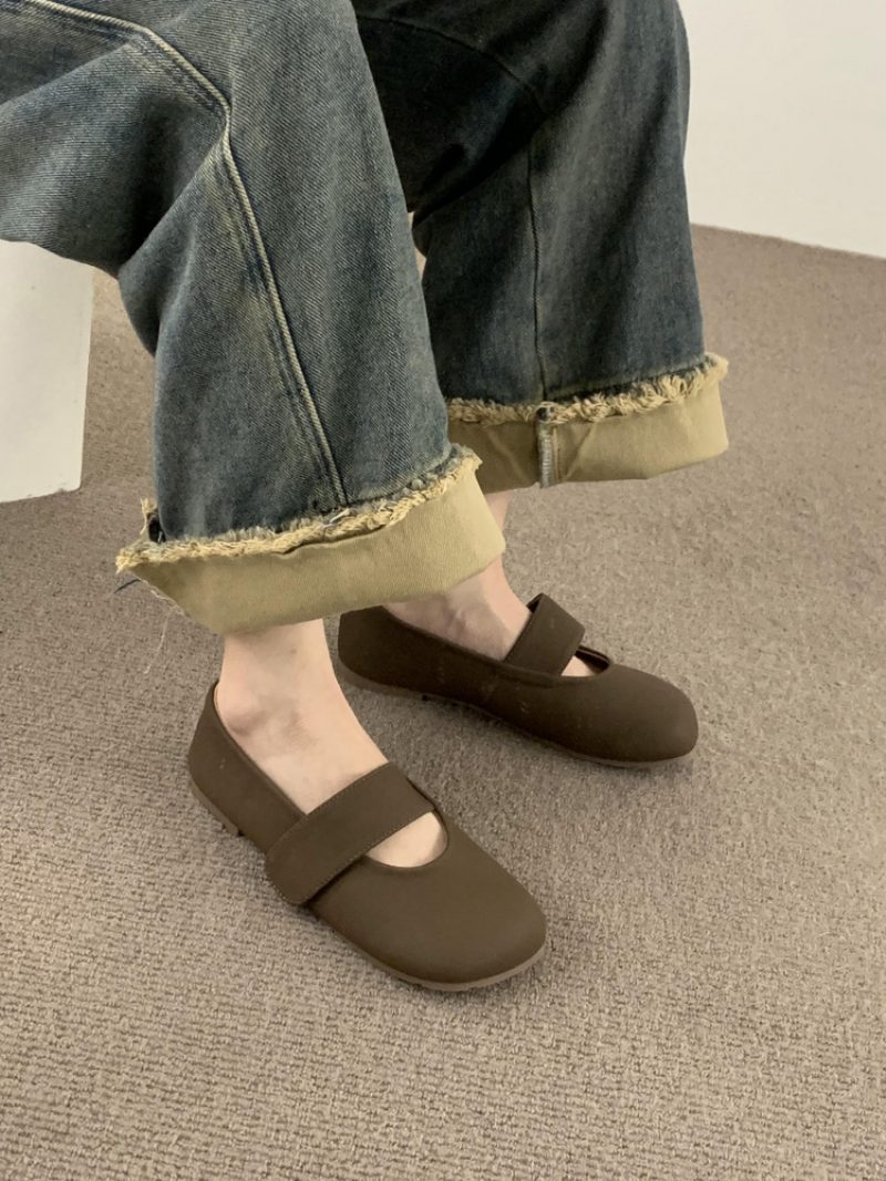 Płaskie Buty Retro Z Kwadratowym Noskiem Damskie Zapinane Na Rzep Nowe Miękkie Doudou
