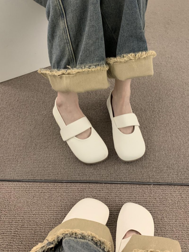 Płaskie Buty Retro Z Kwadratowym Noskiem Damskie Zapinane Na Rzep Nowe Miękkie Doudou
