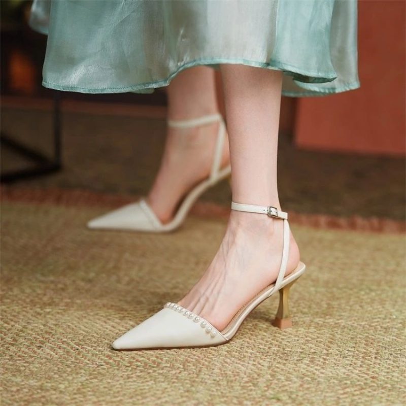 2024 Letnie Nowe Buty Na Wysokim Obcasie Damskie Perłowe Białe Szpilki Szpiczaste Modne Płaskie