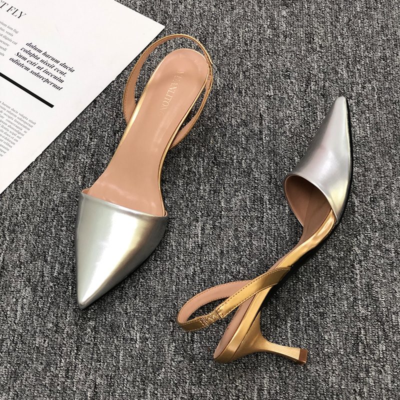 Buty Na Wysokim Obcasie Jiang Shuying Gu Jia Wang Manni Srebrny Szpiczasty Nosek Szpilki Małe Płaskie Na Damskie