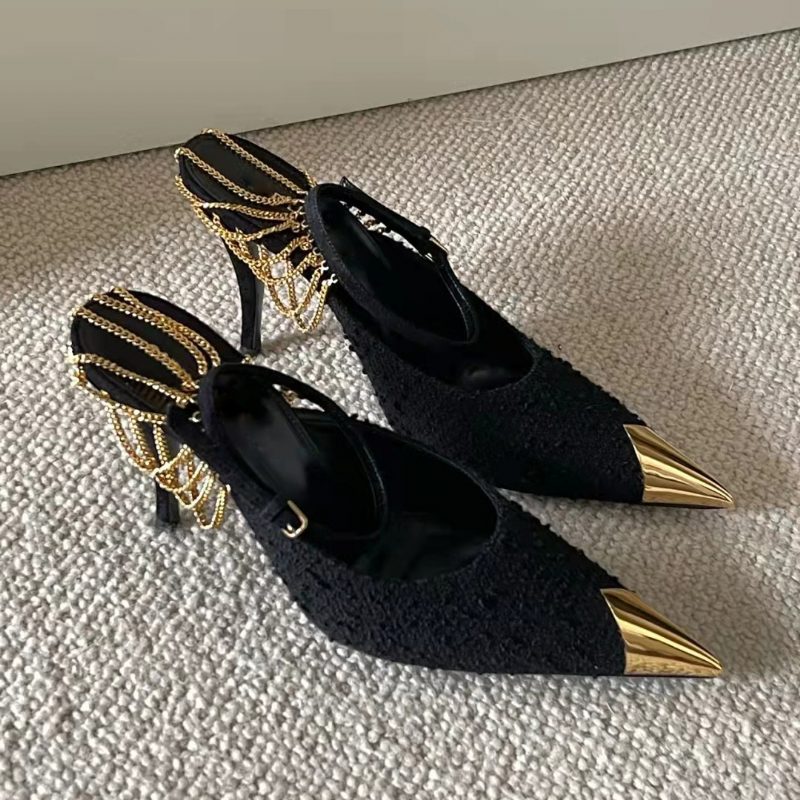 Wiosenne Nowe Czarne Buty Na Wysokim Obcasie Seksowne Spiczaste Złote Tkane Szpilki Na Płaskim