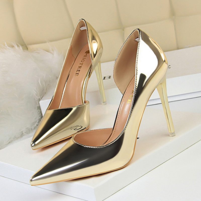 Wysokie Obcasy Szpilki Metalowe Płytkie Usta Szpiczasty Nosek Side Hollow Sexy Płaskie Buty