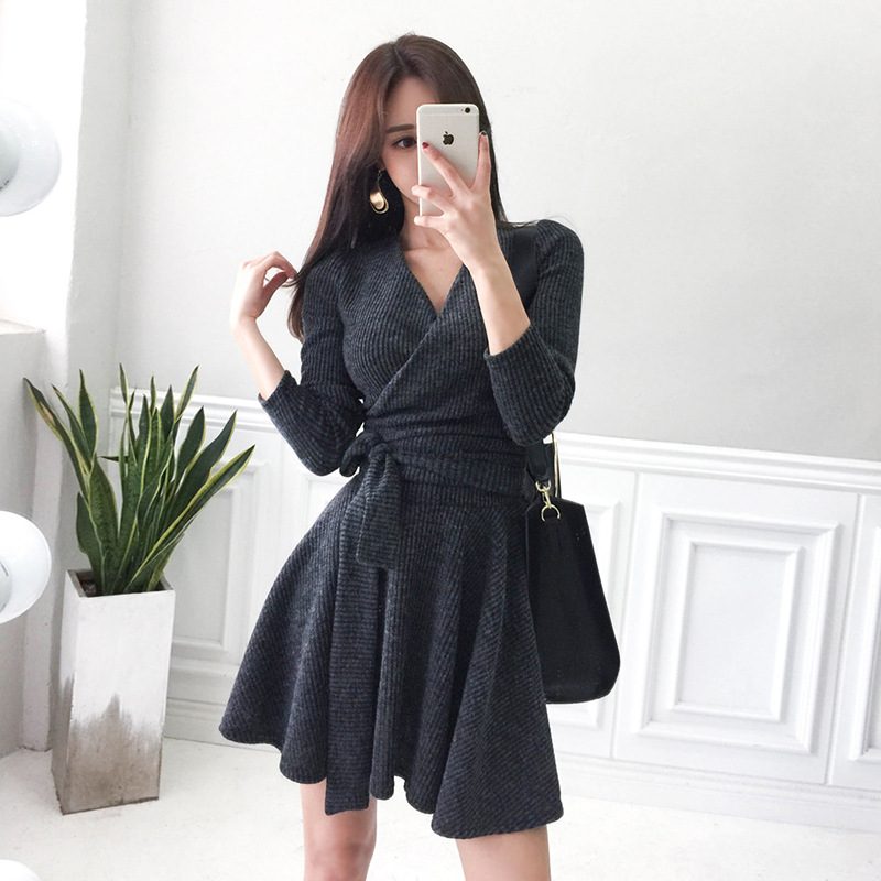 Dzianinowa Sukienka 2024 V Neck Ladies Slim Fit Bowknot