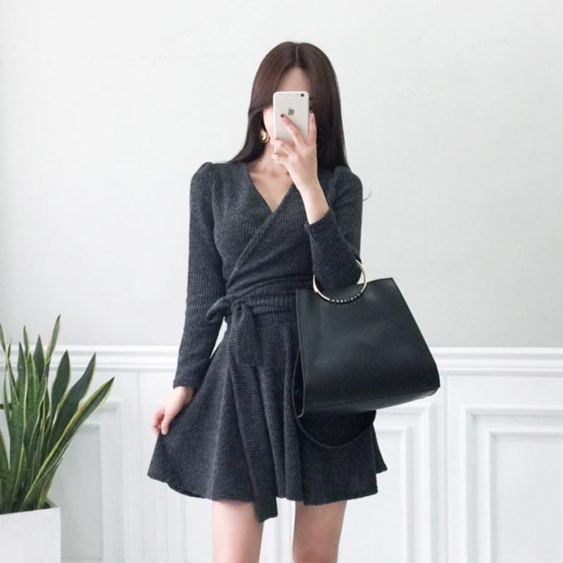 Dzianinowa Sukienka 2024 V Neck Ladies Slim Fit Bowknot