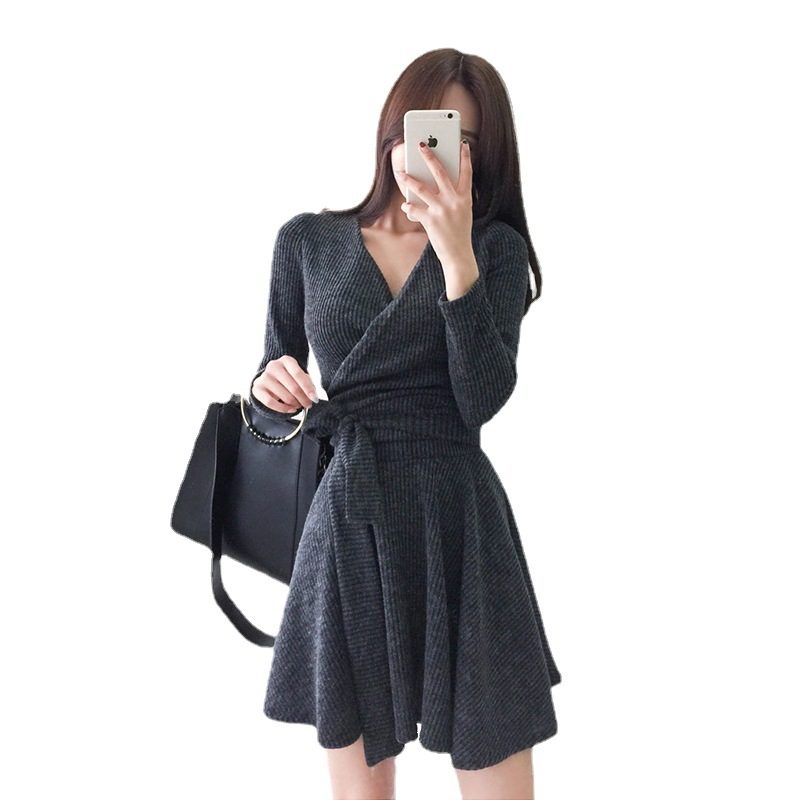 Dzianinowa Sukienka 2024 V Neck Ladies Slim Fit Bowknot