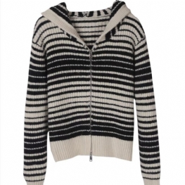 Sweter Z Dzianiny W Paski Z Kapturem Damska Moda Codzienna Krótka Luźna Kurtka Z Zamkiem Błyskawicznym