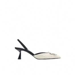 2024 Buty Damskie Na Wysokim Obcasie Płytkie Usta Szpiczasty Nosek Białe Płótno Łączenie Kwadratowa Klamra Ozdoba Rhinestone Sandały Z Paskiem Z Tyłu Dla Kobiet