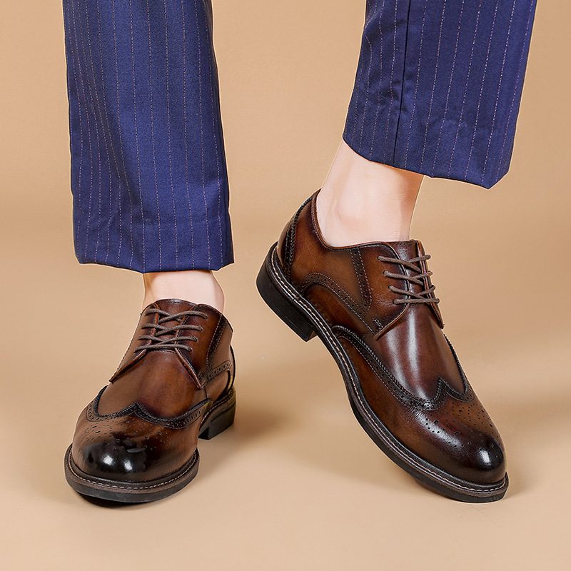 Wiosenne Nowe Męskie Buty Wizytowe Skórzane Business Casual Miękkie Podeszwy Ręcznie Robione Brogue Ślubne