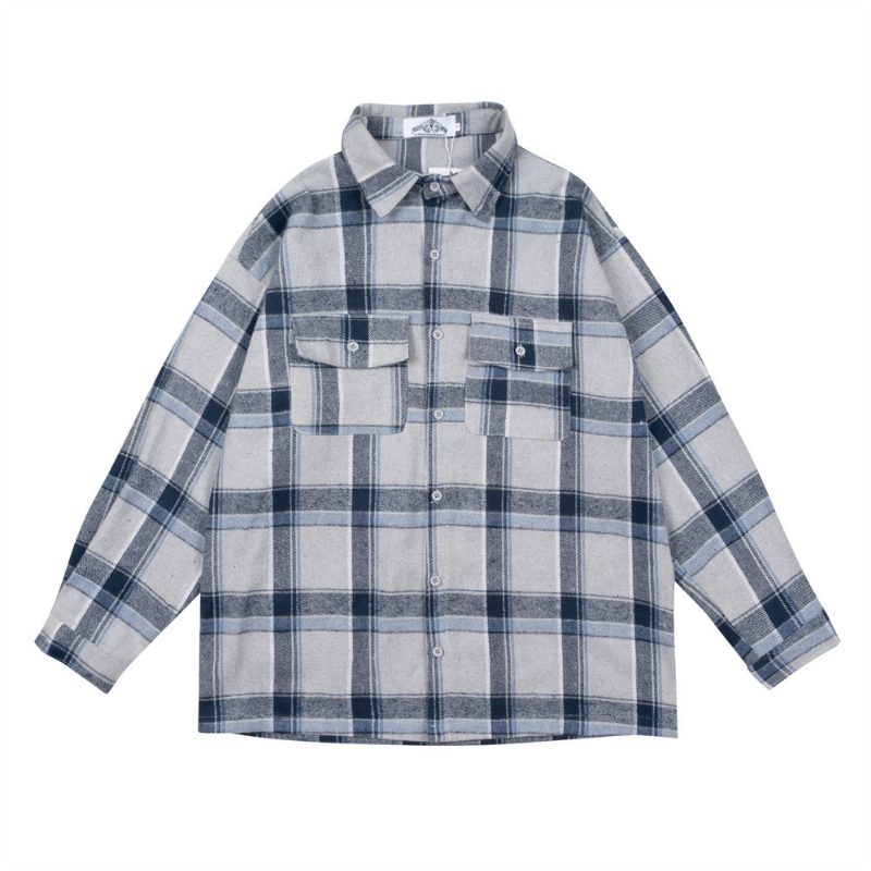 Koszula W Kratę Męska Kurtka Z Długimi Rękawami I Kieszeniami Casual Lapel Cardigan