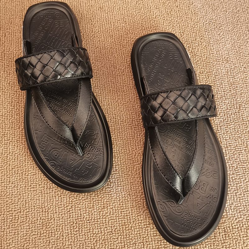2024 Letnie Nowe Męskie Skórzane Klapki Buty Na Plażę Tkane Sandały W Stylu Retro Kapcie Japonki