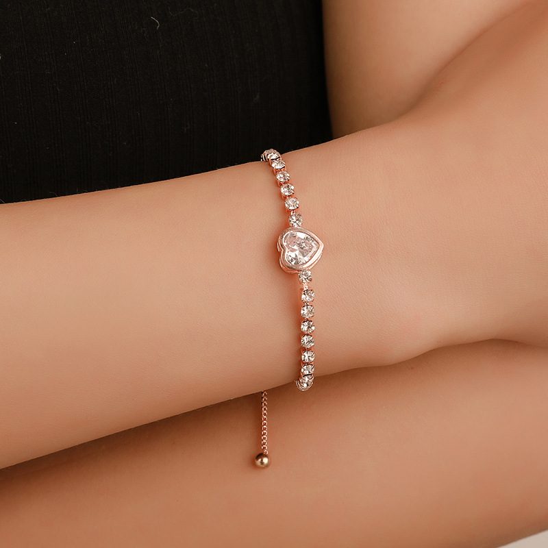 Fashion Rose Gold Heart Bransoletka Z Cyrkoniami Damska Ze Stopu Diamentów