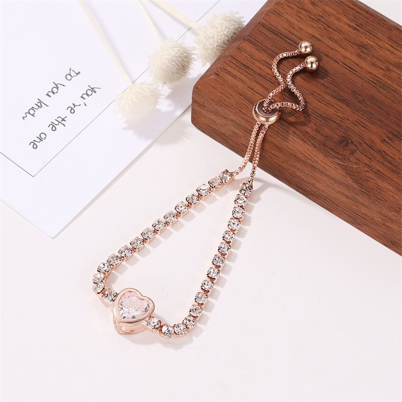 Fashion Rose Gold Heart Bransoletka Z Cyrkoniami Damska Ze Stopu Diamentów